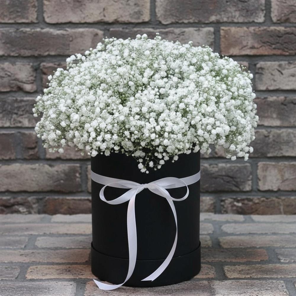 Цветочная композиция из Гипсофила в шляпной коробке в Альбурикенте